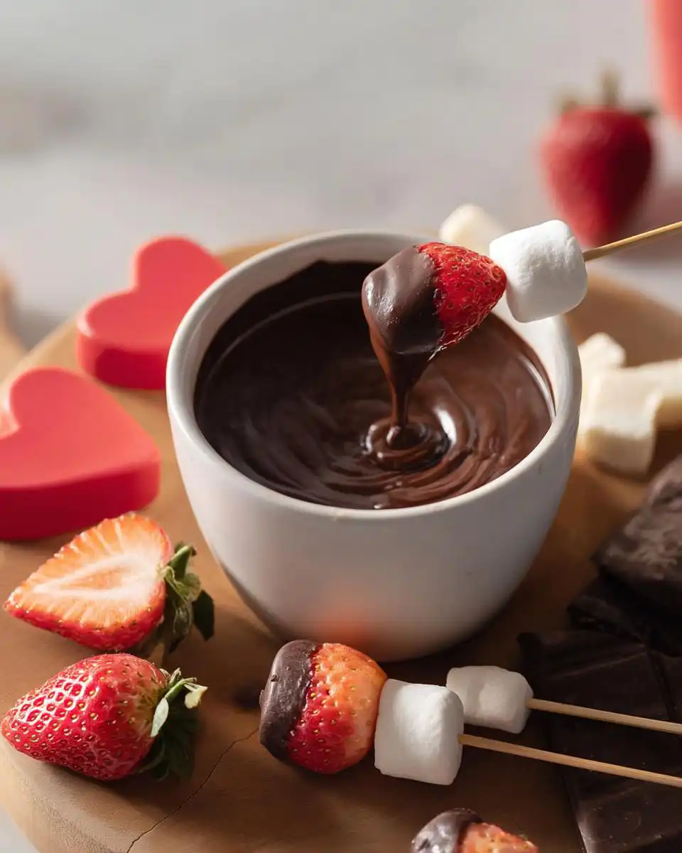 A strawberry and marshmallow skewer being dipped into a bowl of rich Dark Chocolate Fondue.