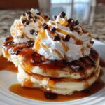 A stack of fluffy pancakes topped with whipped cream, caramel sauce, and chocolate chips, perfect for Dessert-Style Pancakes for Brunch.