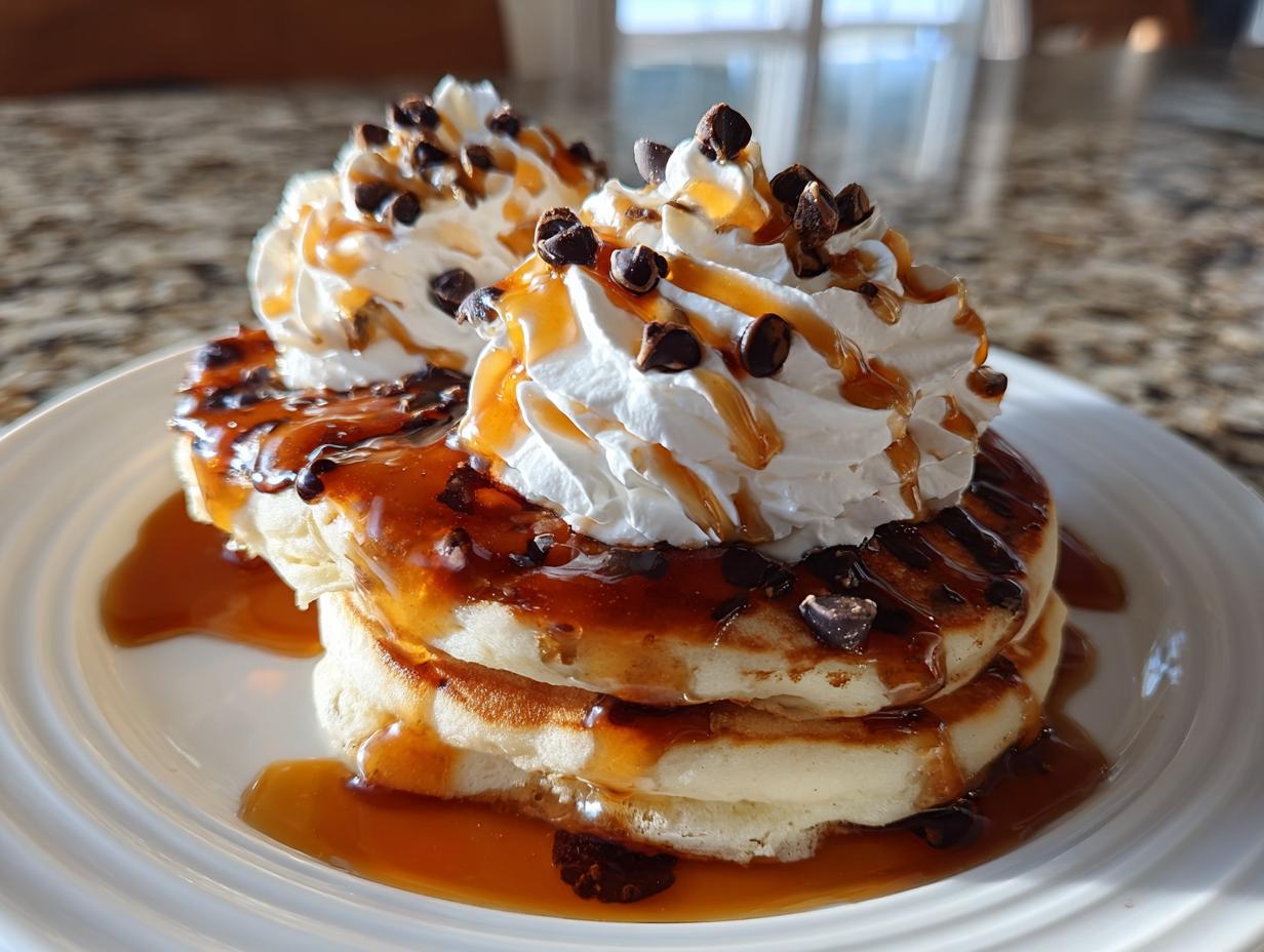A stack of fluffy pancakes topped with whipped cream, caramel sauce, and chocolate chips, perfect for Dessert-Style Pancakes for Brunch.