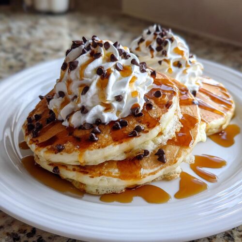 Stack of fluffy Dessert-Style Pancakes for Brunch topped with whipped cream, chocolate chips, and caramel sauce.