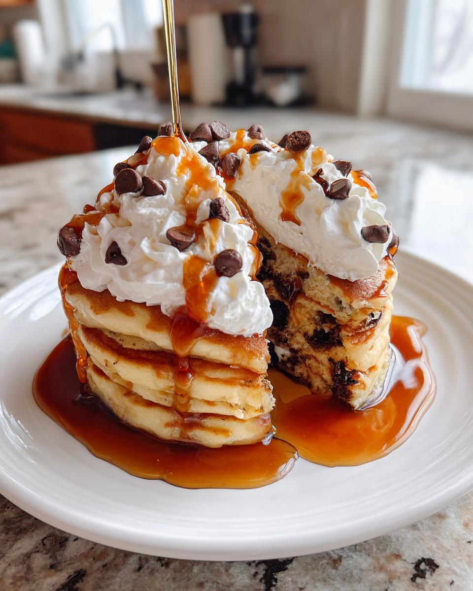 A tall stack of chocolate chip Dessert-Style Pancakes for Brunch topped with whipped cream, caramel, and chocolate chips, drizzled with syrup.