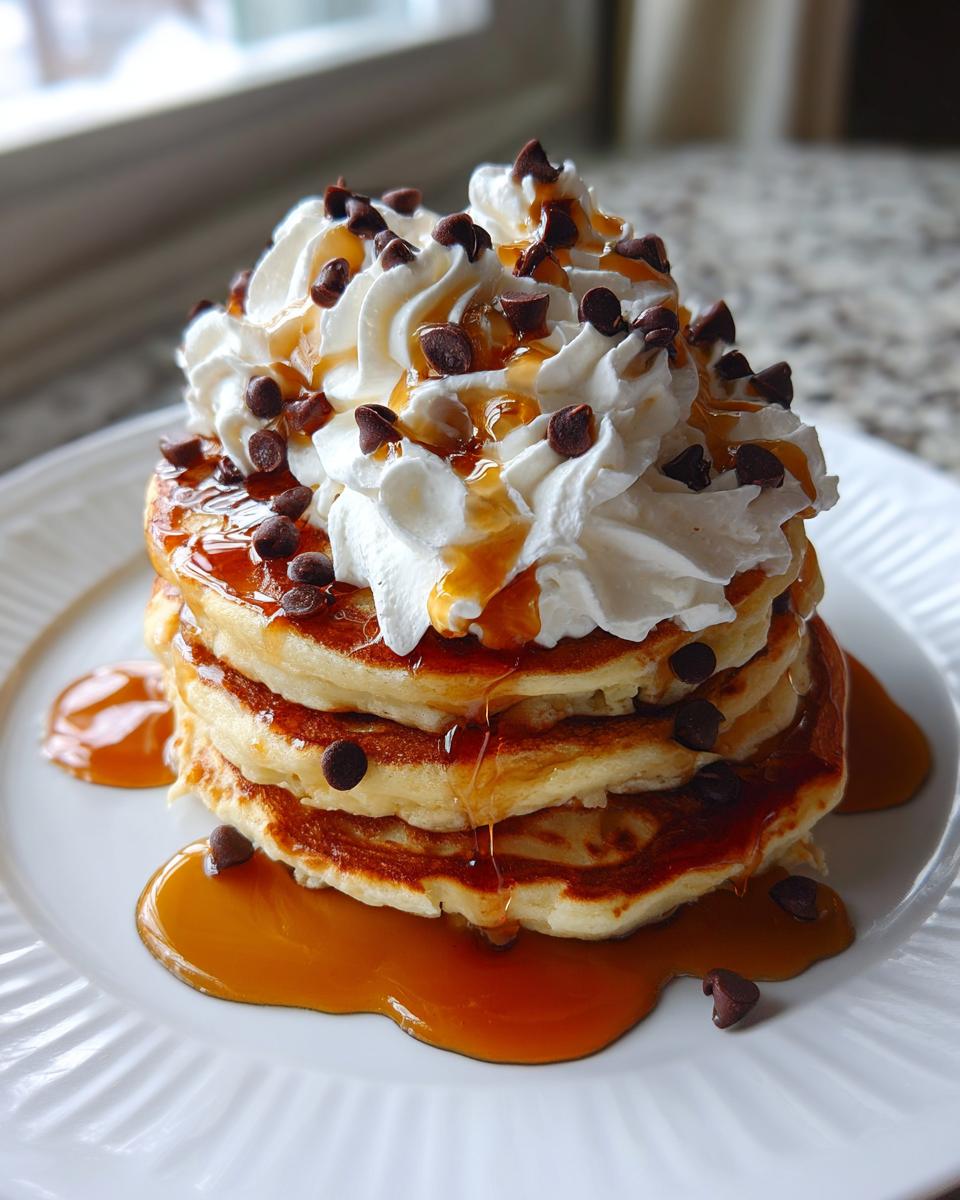 A tall stack of golden Dessert-Style Pancakes for Brunch topped with whipped cream, chocolate chips, and caramel sauce.