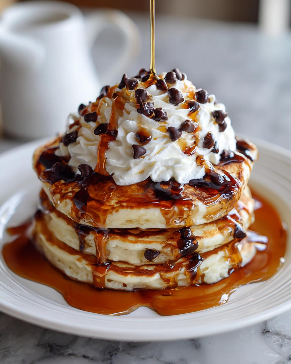 A tall stack of fluffy Dessert-Style Pancakes topped with whipped cream, chocolate chips, and drizzled with syrup.