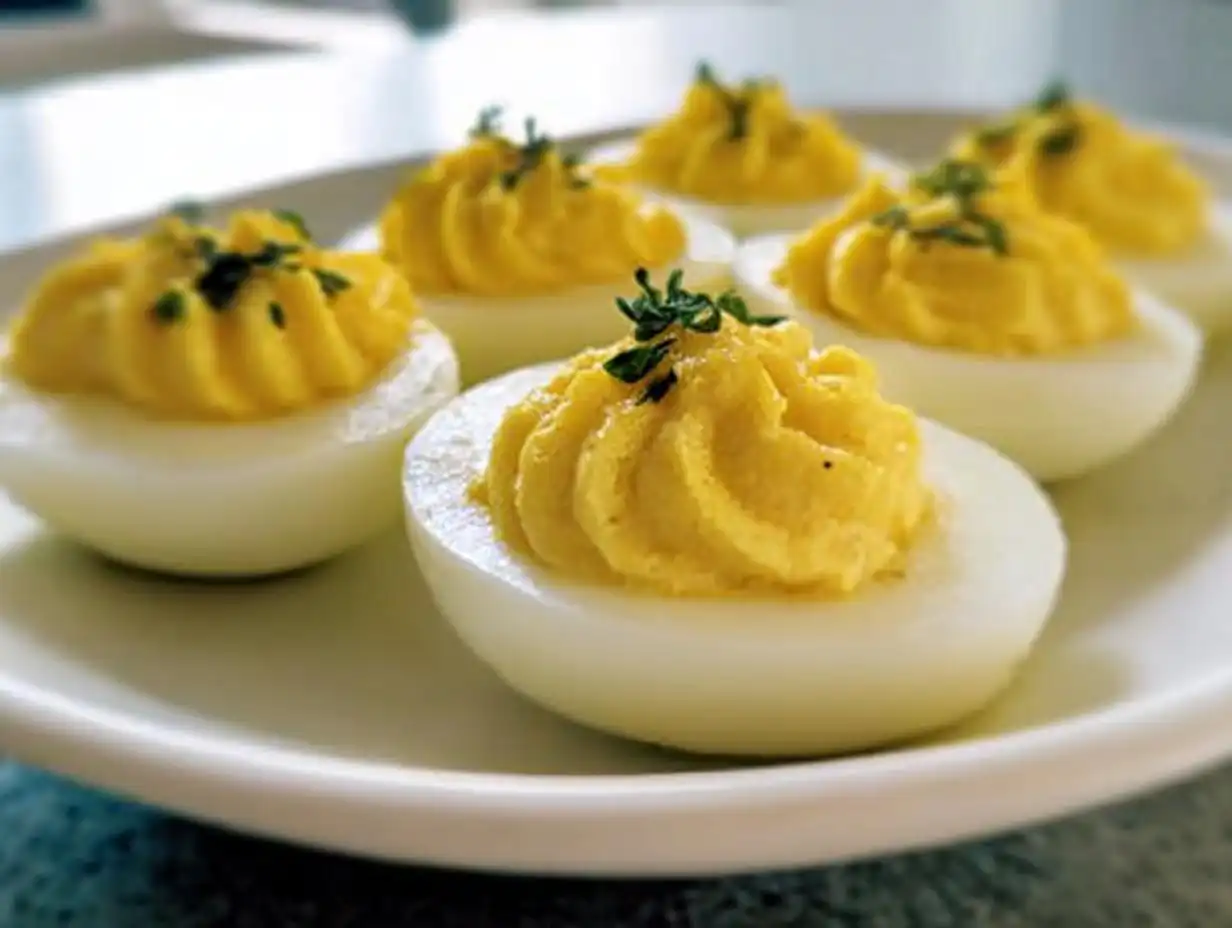 Close-up of perfectly piped Deviled Eggs with Dijon Mustard garnished with fresh herbs on a white plate.