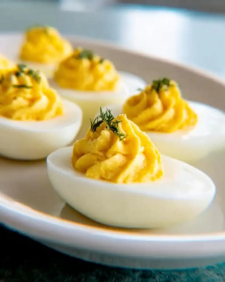 Close-up of perfectly piped Deviled Eggs with Dijon Mustard garnished with fresh dill on a white platter.