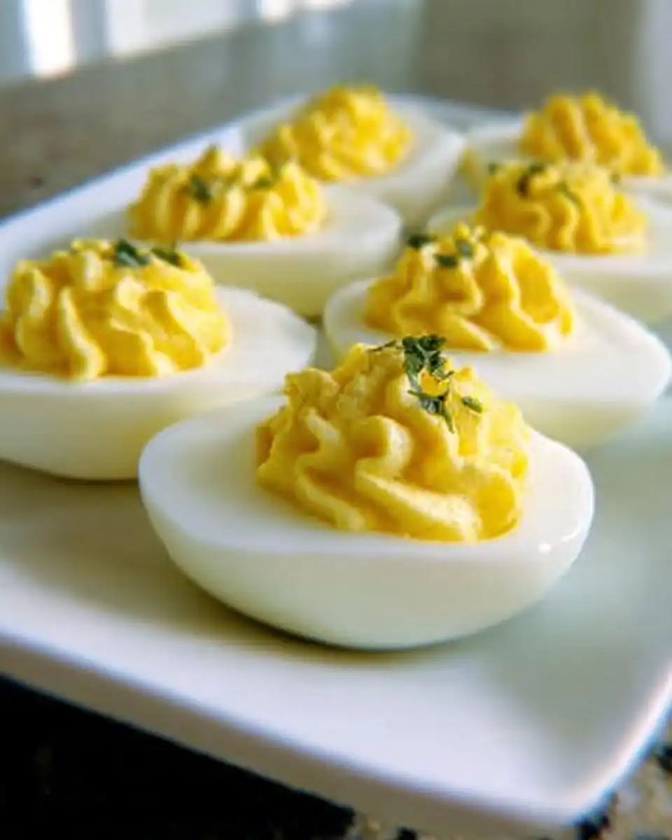 Close-up of perfectly piped Deviled Eggs with Dijon Mustard filling garnished with herbs on a white platter.