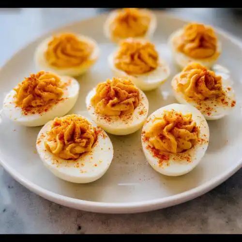 A white plate filled with perfectly piped Deviled Eggs with Smoked Paprika sprinkled on top.