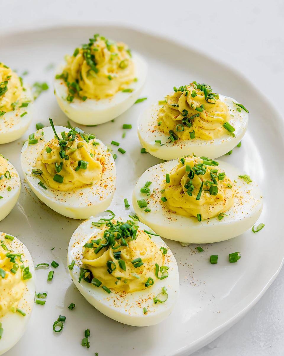 Six halves of Deviled Eggs with Chives, featuring piped yellow filling and sprinkled paprika, served on a white platter.