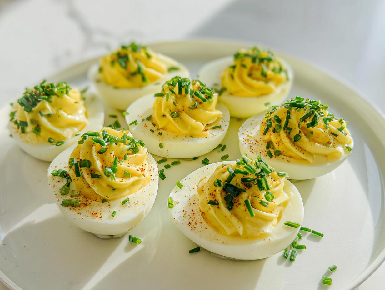Six beautifully piped Deviled Eggs with Chives and a light sprinkle of paprika on a white platter.