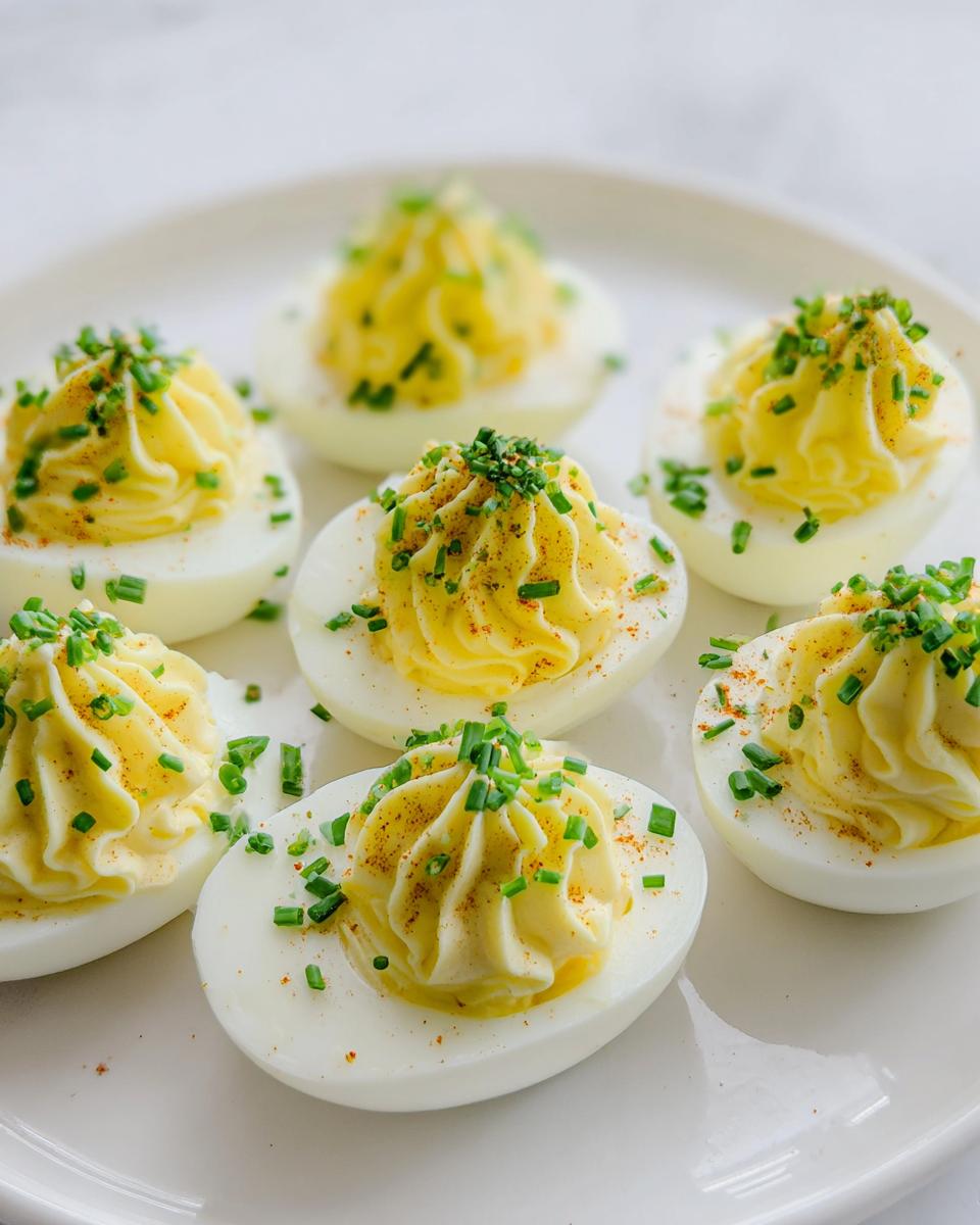 Six perfectly piped Deviled Eggs with Chives and a sprinkle of paprika on a white serving dish.
