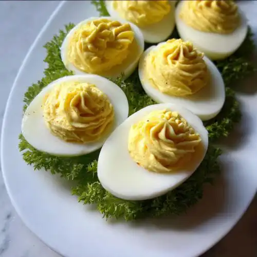 Six halves of Deviled Eggs with Cream Cheese featuring piped, swirled yellow filling, resting on green lettuce.