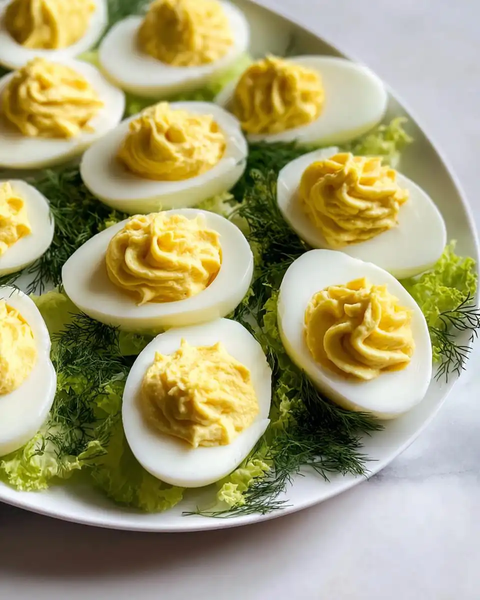 A white platter filled with perfectly piped Deviled Eggs with Cream Cheese, garnished with fresh dill.