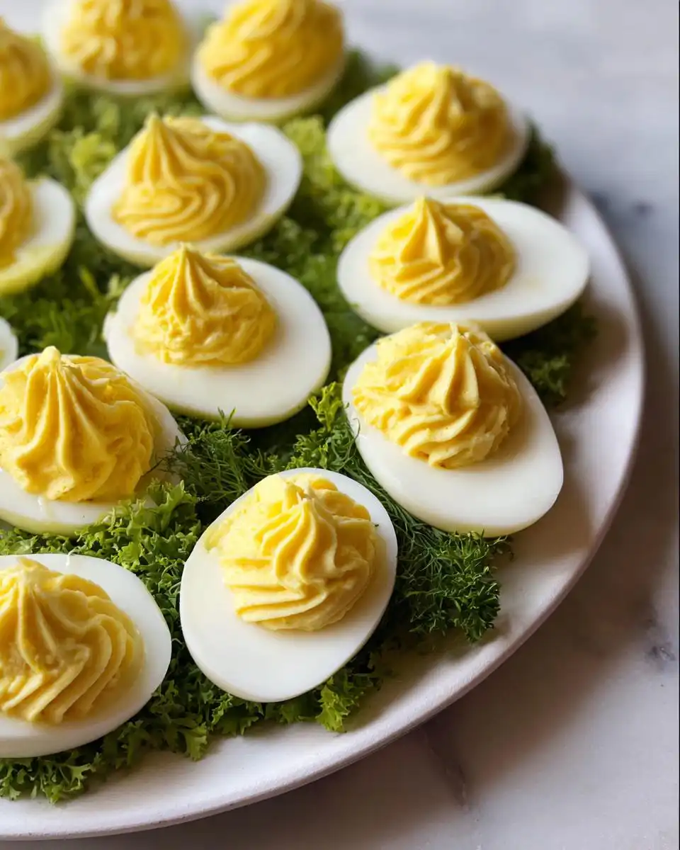 A white platter filled with perfectly piped Deviled Eggs with Cream Cheese filling, resting on a bed of green lettuce.