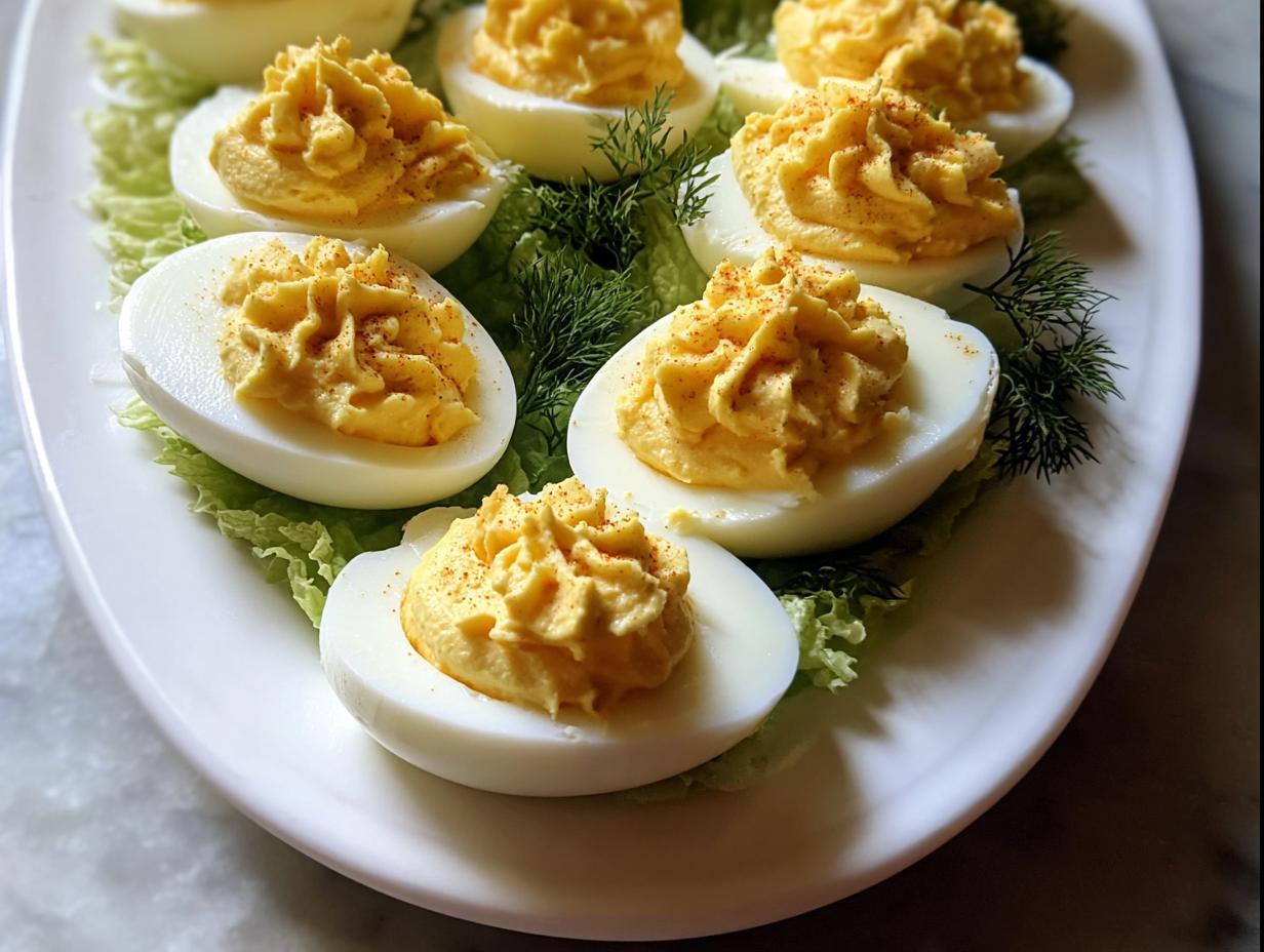 Close-up of several perfectly piped Deviled Eggs with Cream Cheese filling garnished with paprika on a white platter.