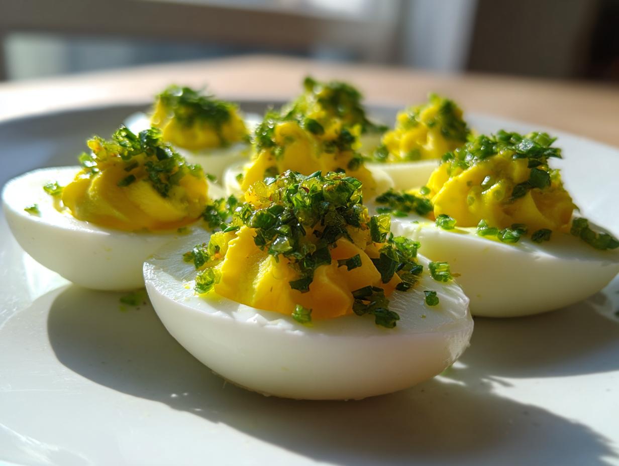 Close-up of several Deviled Eggs with Pickle Relish, topped with bright green chopped chives.