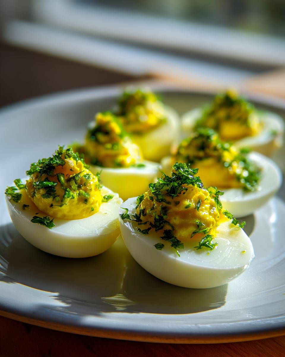 Close-up of several Deviled Eggs with Pickle Relish, topped generously with fresh chopped parsley.