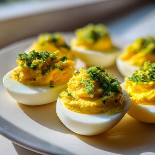 Close-up of creamy Deviled Eggs with Pickle Relish, topped with fresh green herbs on a white plate.
