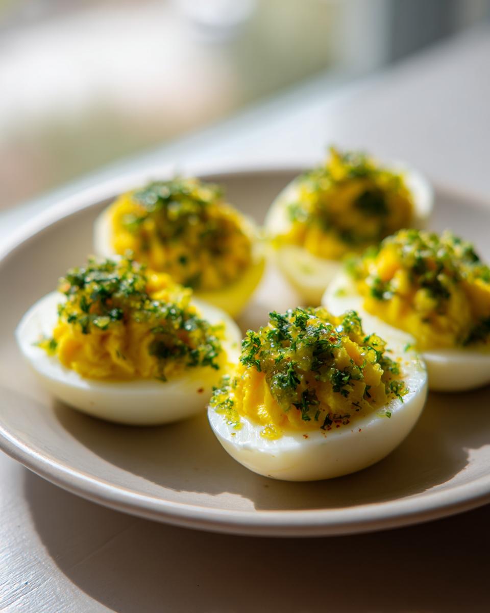 Five halves of Deviled Eggs with Pickle Relish, topped generously with chopped green herbs, resting on a light brown plate.