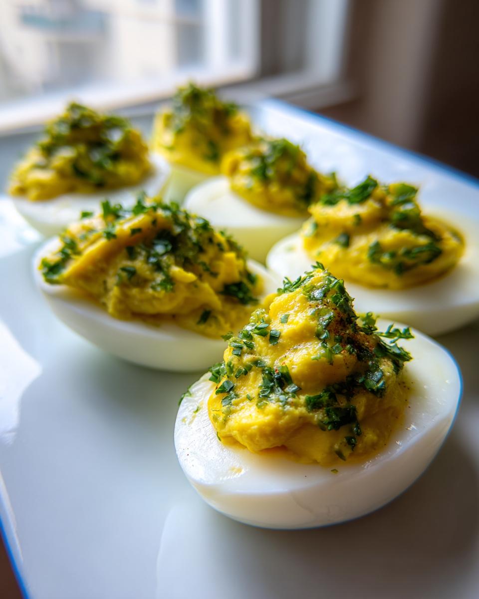 Close-up of several Deviled Eggs with Pickle Relish, topped with fresh green herbs, served on a white platter.