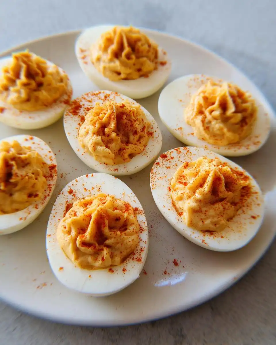 Seven halves of Deviled Eggs with Smoked Paprika, piped with filling and sprinkled with paprika, arranged on a white plate.