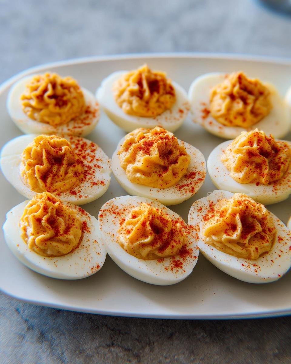 Nine perfectly piped Deviled Eggs with Smoked Paprika sprinkled over the creamy filling on a white platter.
