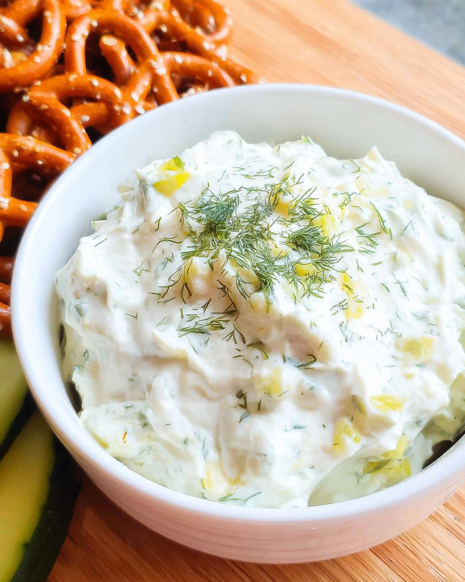 Close-up of creamy Dill Pickle Pretzel Dip topped with fresh dill, served with pretzels.