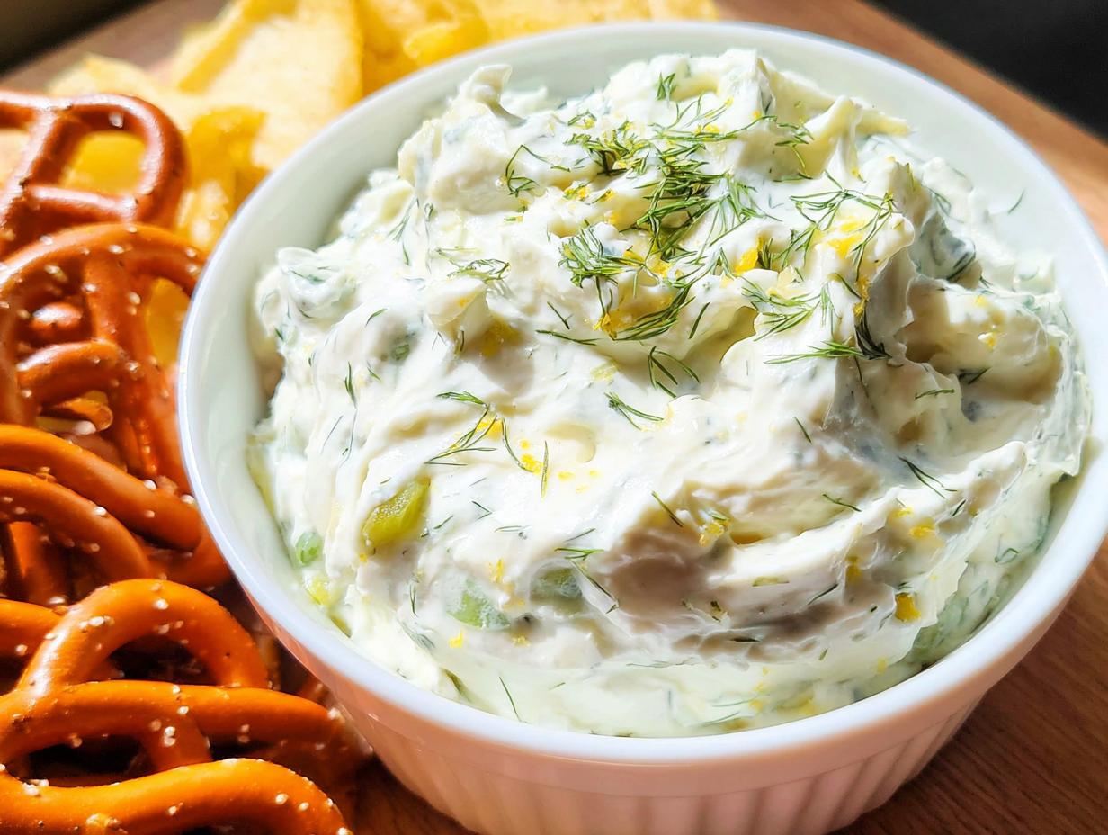 Close-up of creamy Dill Pickle Pretzel Dip garnished with fresh dill and lemon zest, served with pretzels.
