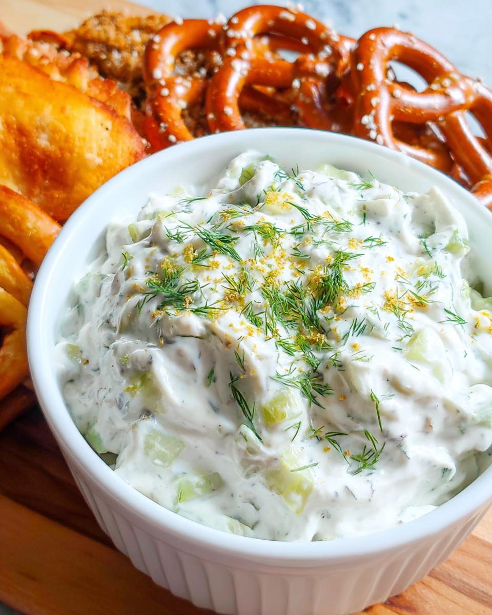Close-up of creamy Dill Pickle Pretzel Dip topped with fresh dill and zest, served with pretzels.