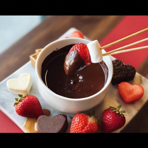 A strawberry and marshmallow dipped into a bowl of rich Dark Chocolate Fondue on skewers.