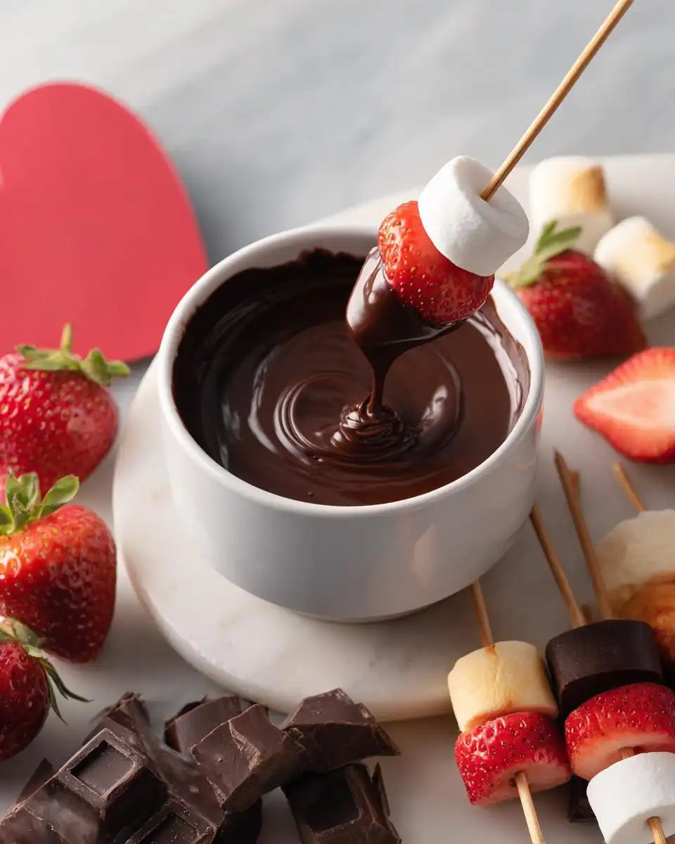 A strawberry and marshmallow skewer being dipped into a bowl of rich Dark Chocolate Fondue.