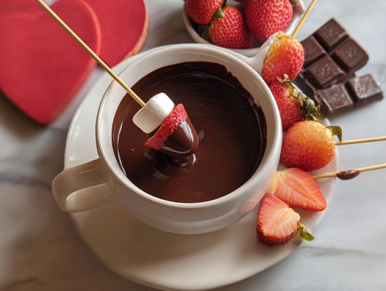 A marshmallow and strawberry dipped in rich Dark Chocolate Fondue served in a white mug.
