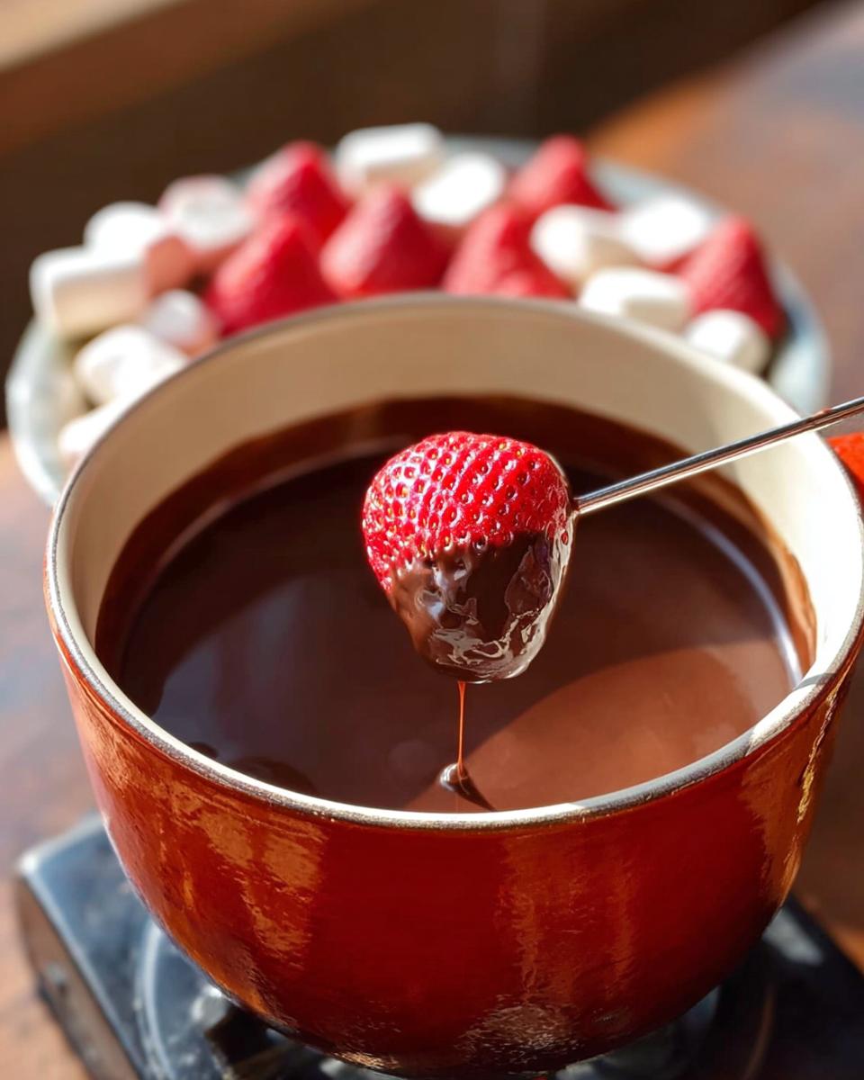 A strawberry being dipped into a pot of rich Milk Chocolate Fondue, with marshmallows visible in the background.