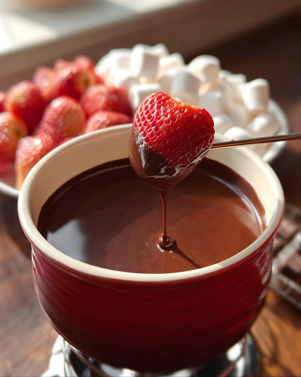 A fresh strawberry being dipped into a red pot of smooth Milk Chocolate Fondue.
