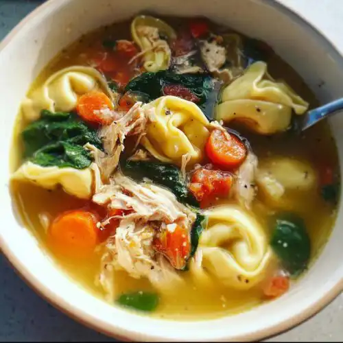 Close-up of a bowl filled with Easy Chicken Tortellini Soup, featuring shredded chicken, carrots, spinach, and tortellini.