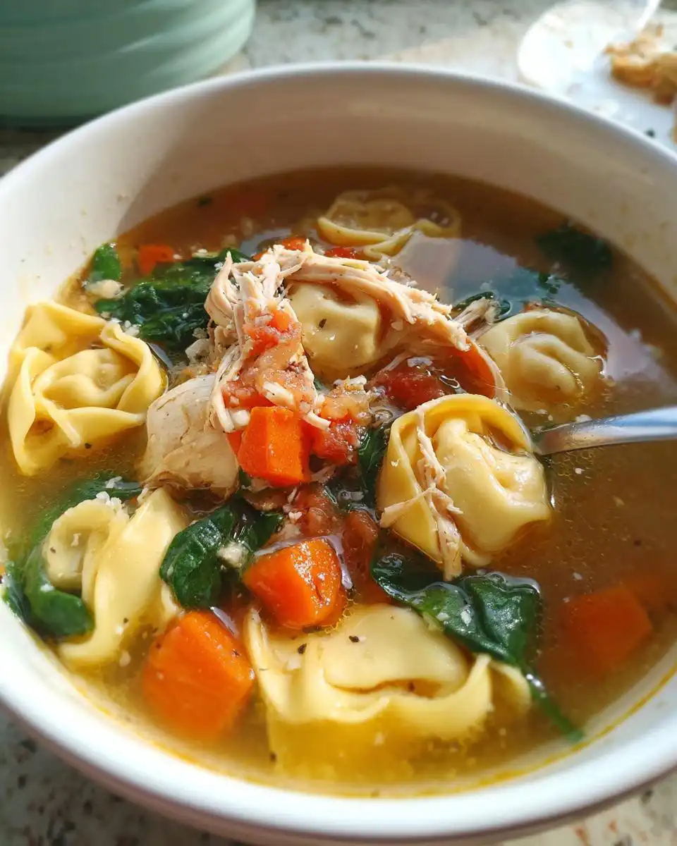 A close-up view of a hearty bowl of Easy Chicken Tortellini Soup with shredded chicken, carrots, spinach, and tortellini.