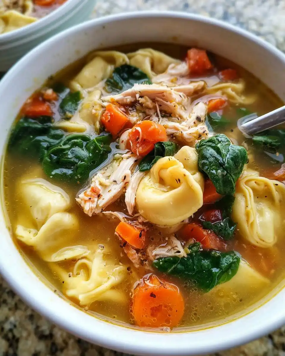 Close-up of a white bowl filled with Easy Chicken Tortellini Soup, showing broth, shredded chicken, carrots, spinach, and tortellini.