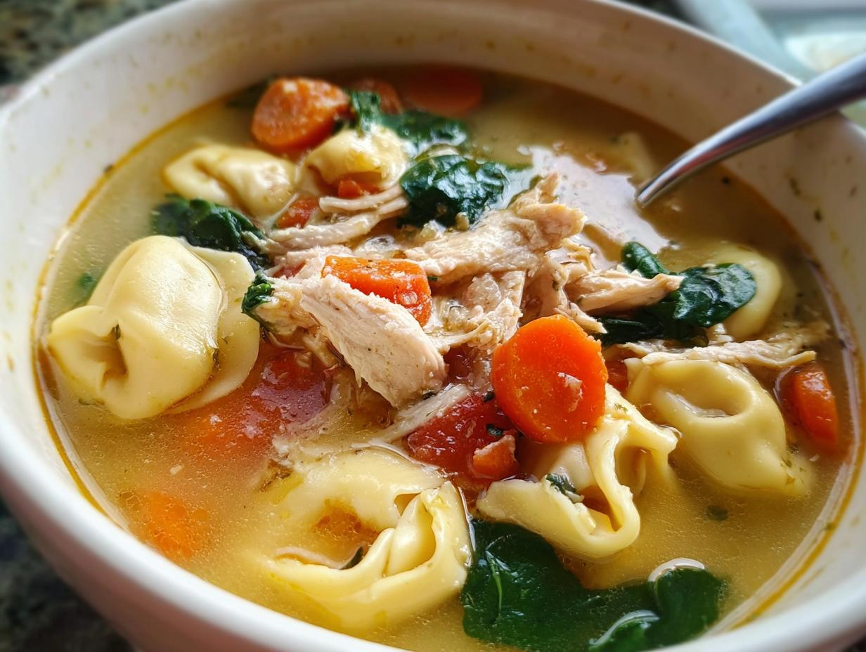 Close-up of a white bowl filled with Easy Chicken Tortellini Soup, featuring shredded chicken, carrots, spinach, and tortellini.