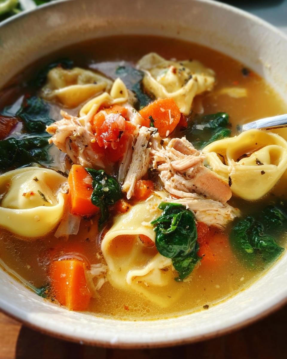 A close-up shot of a bowl of Easy Chicken Tortellini Soup featuring shredded chicken, tortellini, carrots, spinach, and Italian seasoning.