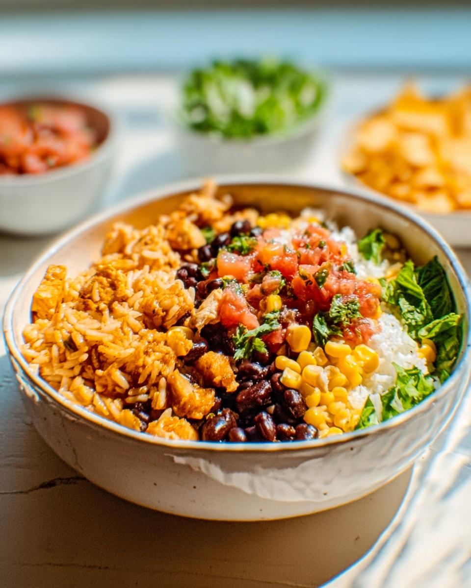 Close-up of a vibrant Easy Mexican Rice Bowl featuring seasoned rice, black beans, corn, and salsa.