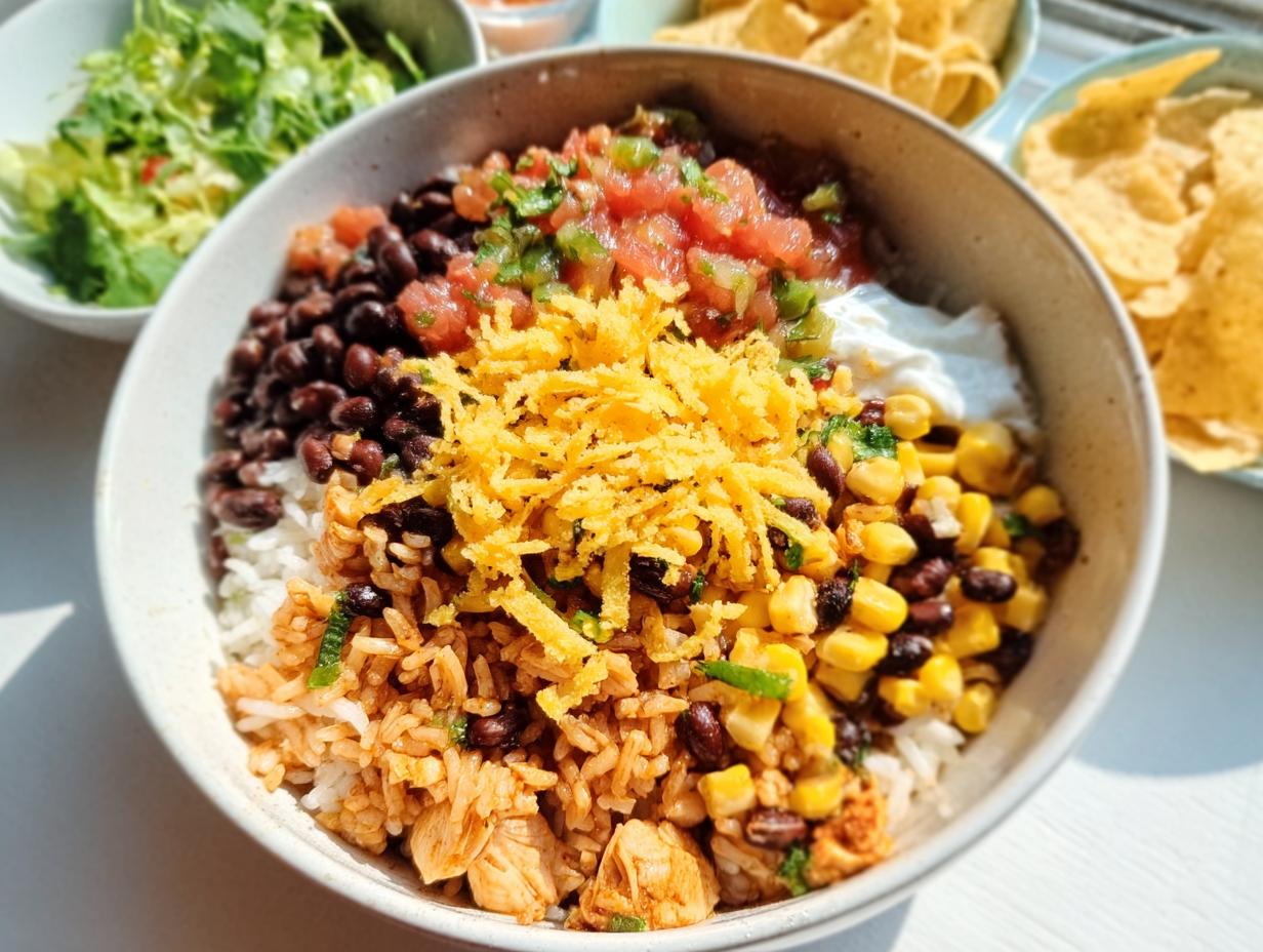 A vibrant bowl featuring rice, black beans, corn, salsa, sour cream, and shredded cheese for an Easy Mexican Rice Bowl.