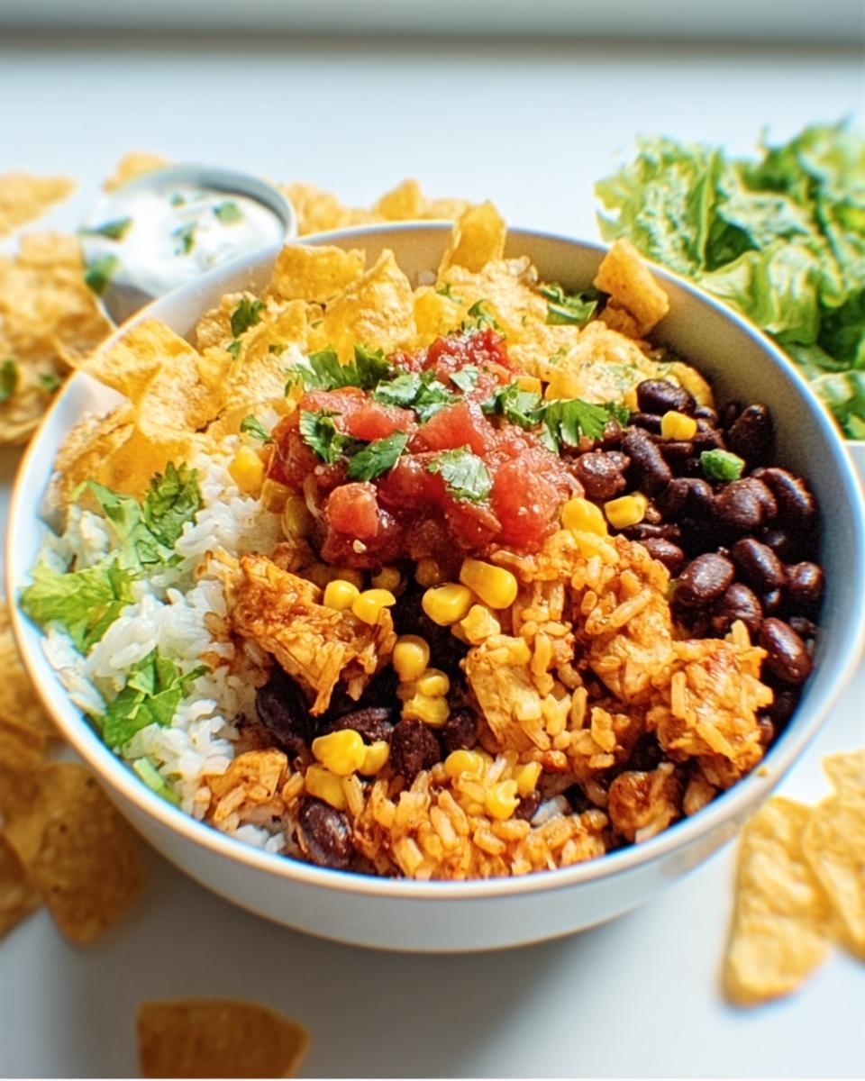 A vibrant bowl featuring an Easy Mexican Rice Bowl with seasoned rice, black beans, corn, salsa, and crushed tortilla chips.