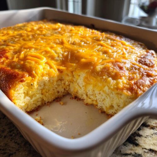 A square portion removed from a cheesy, baked egg casserole, an Easy Oven-Baked Breakfast Idea.