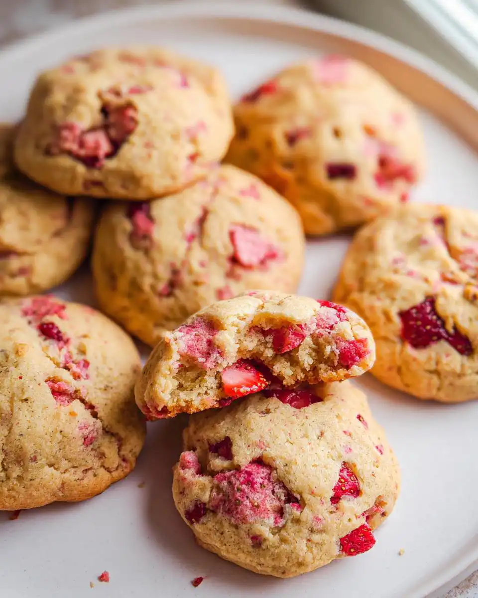 A stack of soft Easy Strawberry Cookies, with one cookie broken in half showing the fresh strawberry pieces inside.