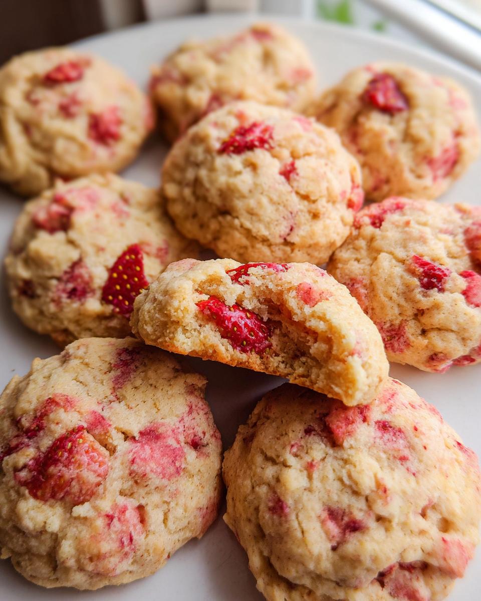A pile of soft, freshly baked Easy Strawberry Cookies with visible chunks of bright red strawberries throughout the dough.