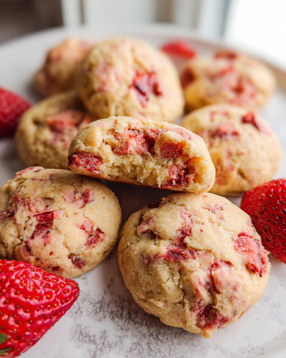 A stack of soft, freshly baked Easy Strawberry Cookies, with one cookie broken in half showing the strawberry filling.