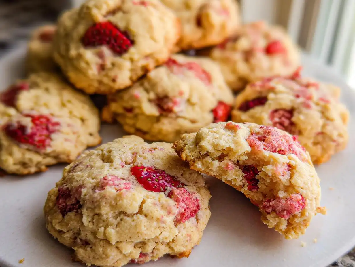 A stack of soft, freshly baked Easy Strawberry Cookies, with one cookie broken in half showing the moist interior.