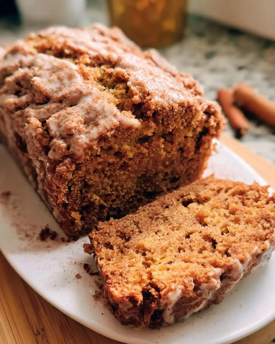 A loaf of moist Fall Cinnamon Banana Bread, partially sliced, topped with a light glaze and cinnamon sugar.