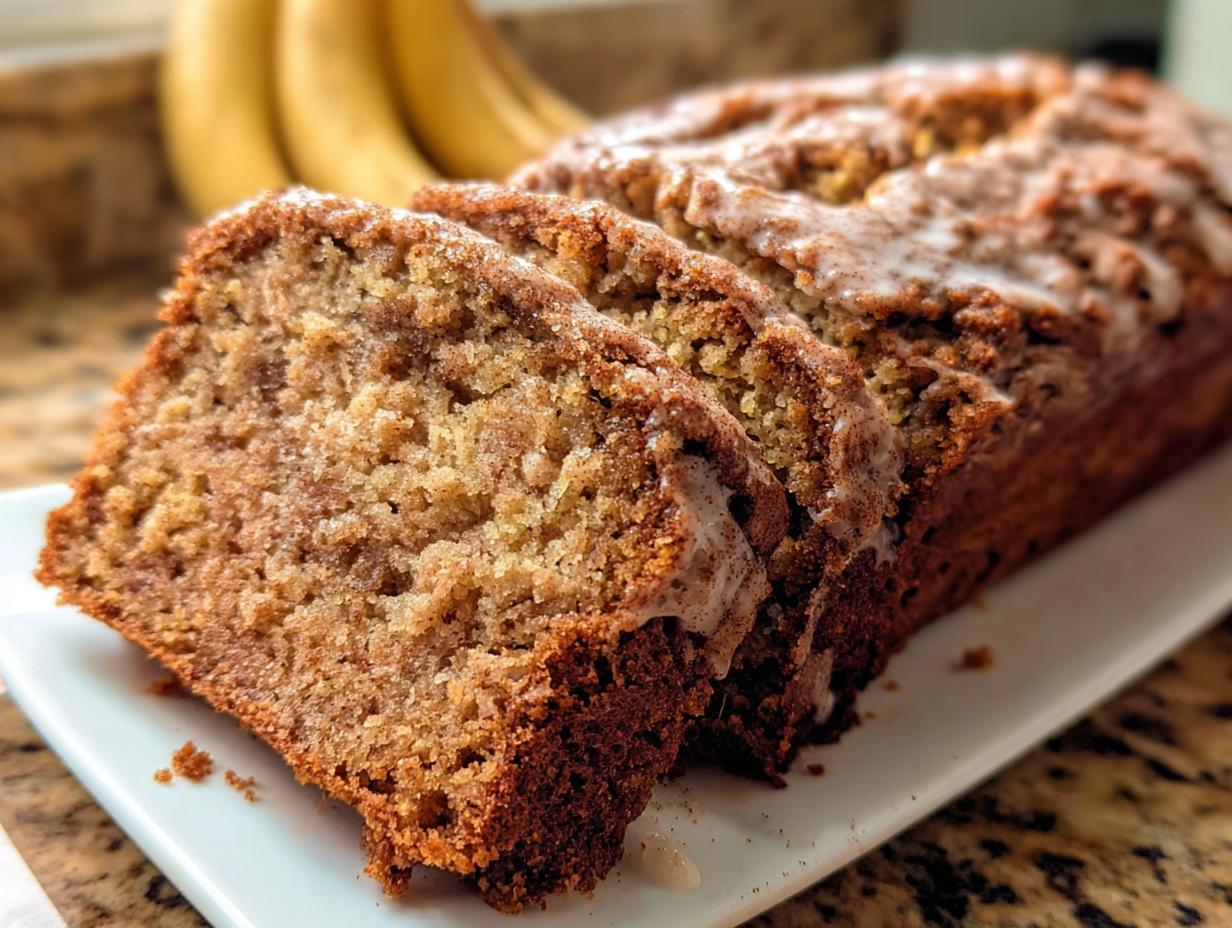 A loaf of moist Fall Cinnamon Banana Bread, sliced and drizzled with a light glaze.