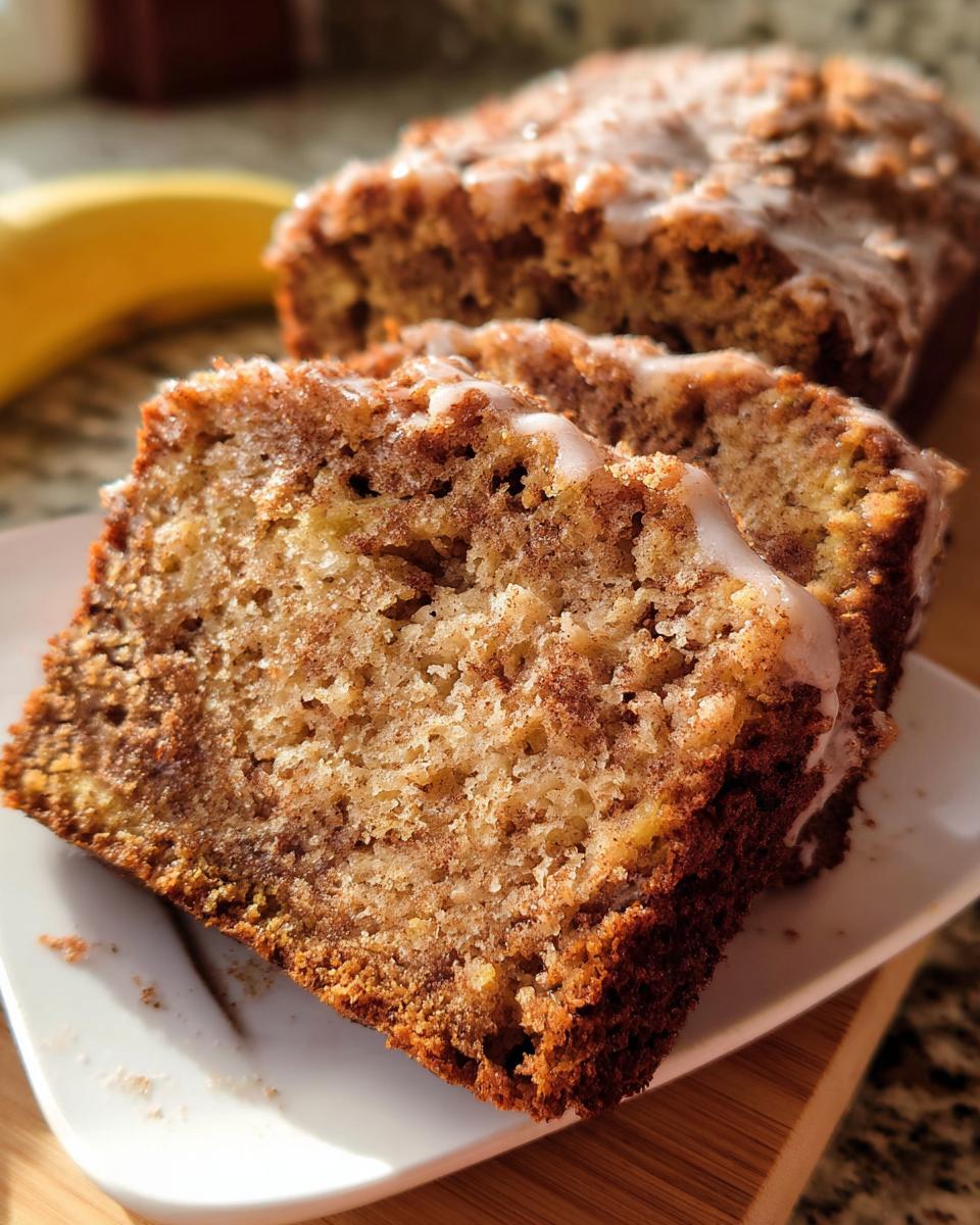 Close-up of two thick slices of Fall Cinnamon Banana Bread with a cinnamon swirl and white glaze.