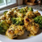Close-up of creamy, cheesy Family Friendly Low Carb Chicken pieces served with bright green steamed broccoli florets on a white plate.